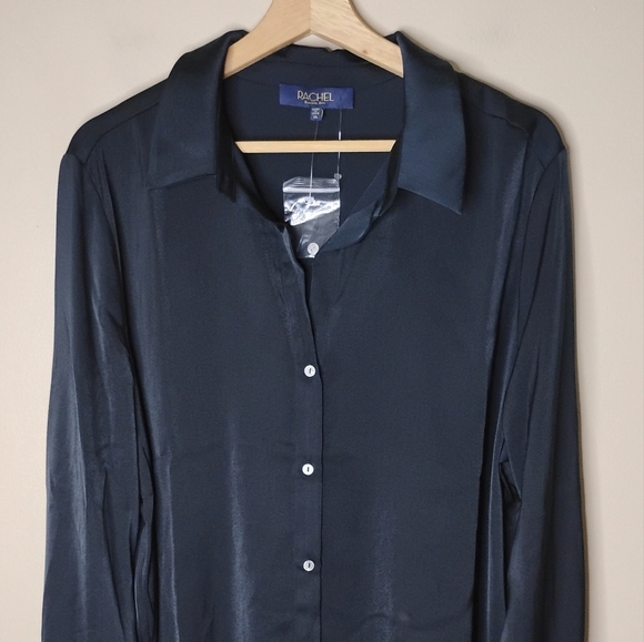 Rachel Roy Button Down Blouse XL Silky Midnight Blue Minimalist Holiday NWT - Picture 3 of 9
